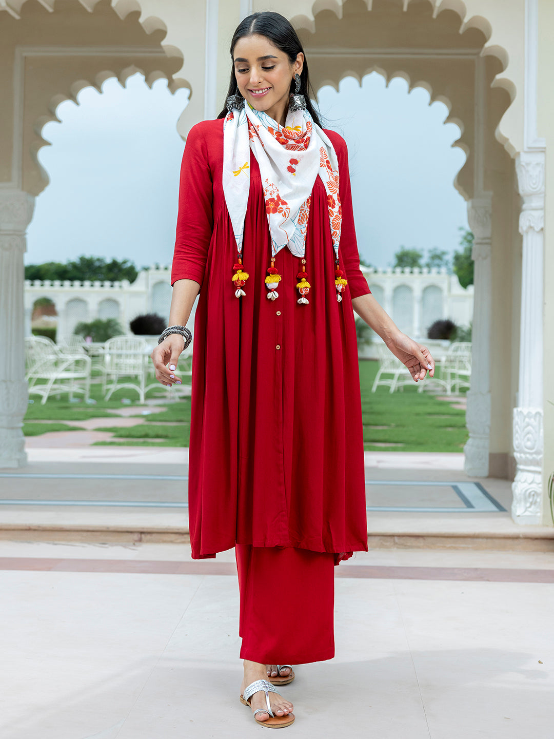 Janasya Women's Maroon Rayon Solid Festive Gathered Kurta Set - Distacart