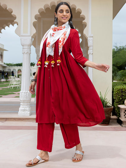 Janasya Women's Maroon Rayon Solid Festive Gathered Kurta Set - Distacart