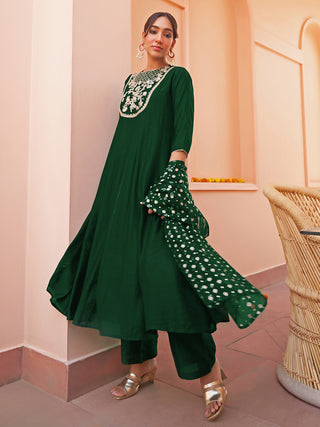 Janasya Women's Dark Green Chanderi Embellished Festive Anarkali Kurta Set - Distacart