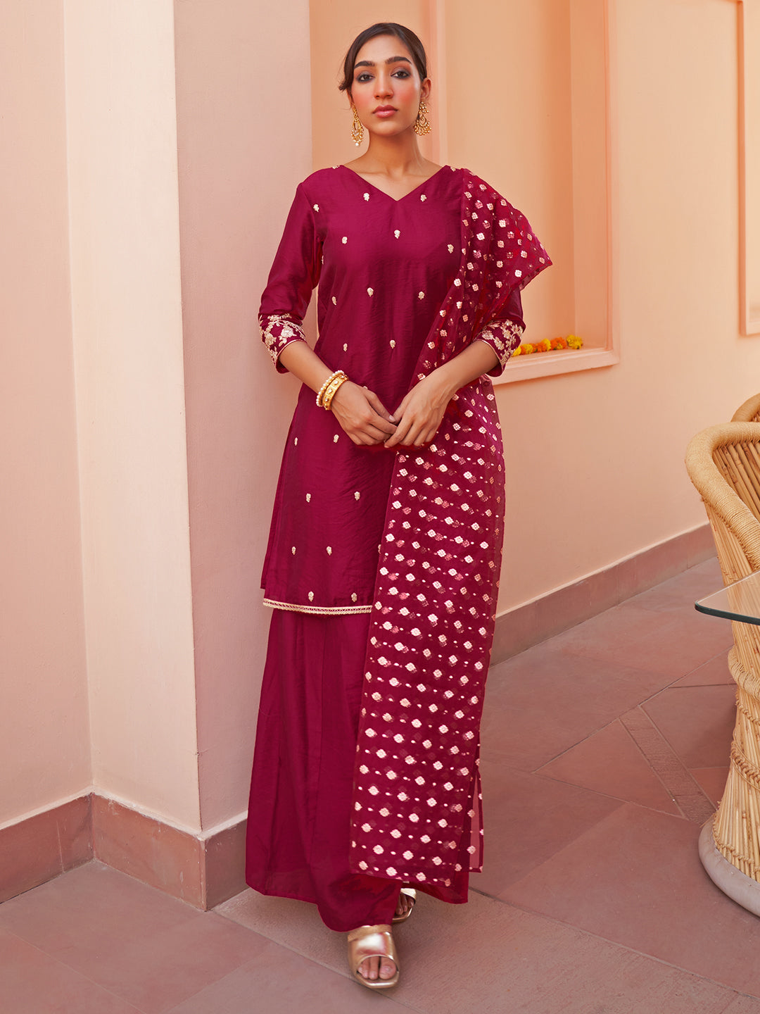 Janasya Women's Pink Chanderi Embellished Festive Straight Kurta Set - Distacart
