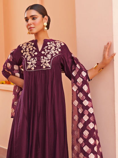 Janasya Women's Purple Chanderi Embellished Festive A-line Kurta Set - Distacart