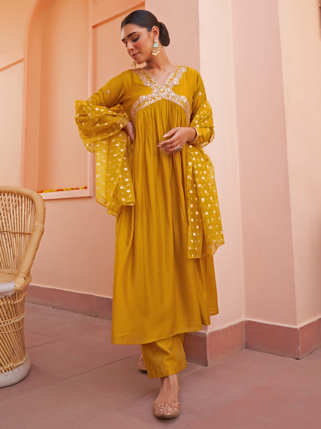 Janasya Women's Mustard Chanderi Emabellished Festive A-line Kurta Set - Distacart