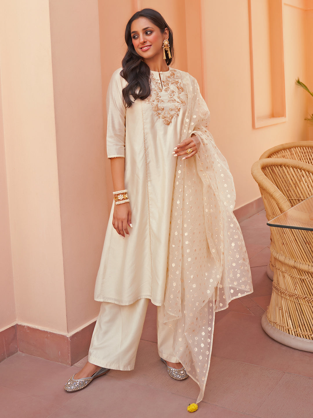 Janasya Women's Off White Chanderi Yoke Embroidery Festive Straight Kurta Set - Distacart