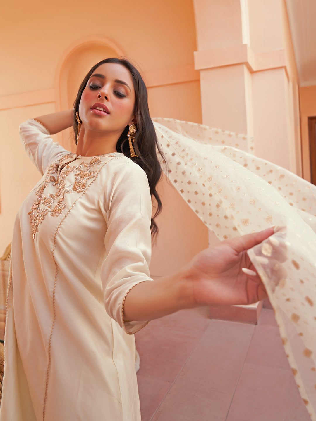 Janasya Women's Off White Chanderi Yoke Embroidery Festive Straight Kurta Set - Distacart