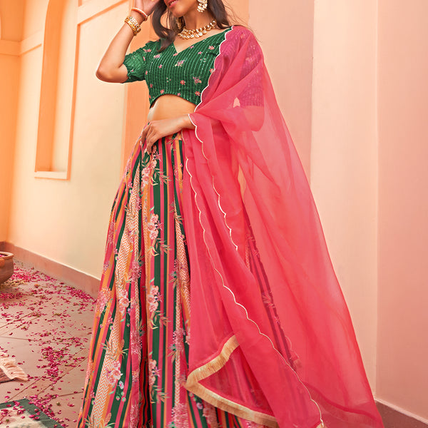 Janasya Green Georgette Digital Floral Printed Festive Lehenga Choli - Distacart
