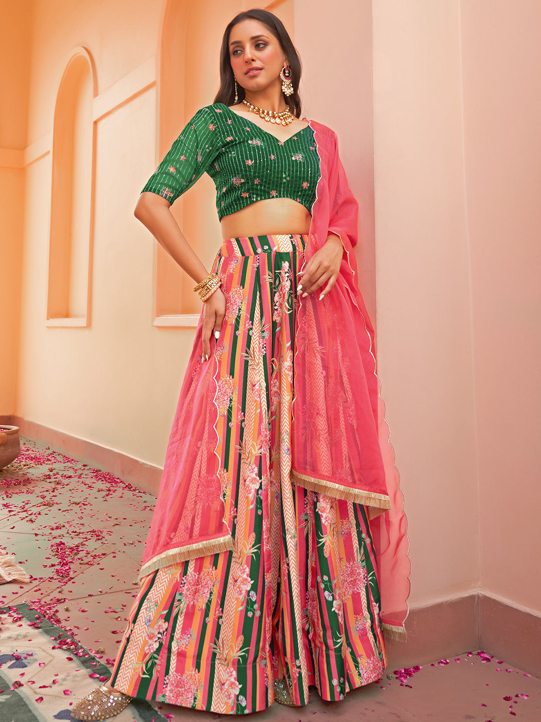 Janasya Green Georgette Digital Floral Printed Festive Lehenga Choli - Distacart