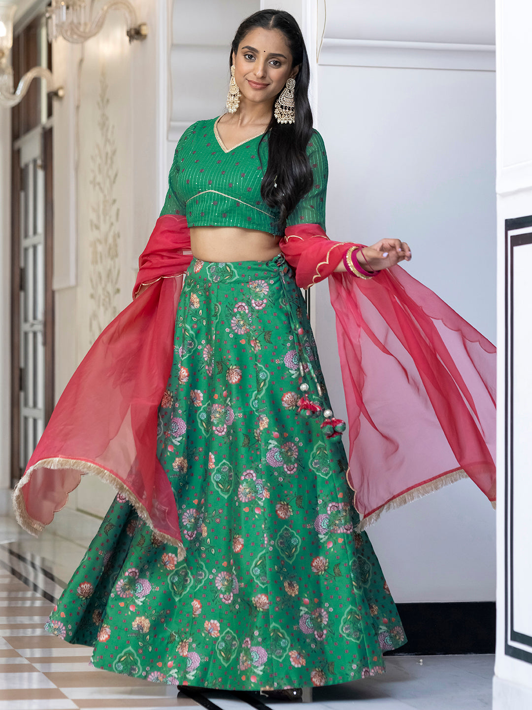 Janasya Green Georgette Digital Floral Printed Festive Lehenga Choli - Distacart