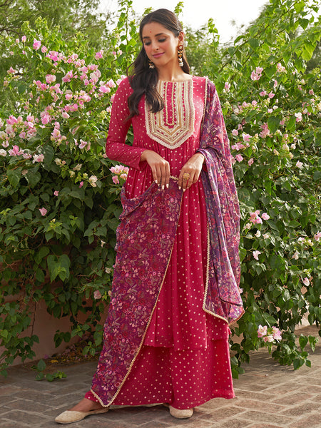 Janasya Women's Pink Georgette Foil Motif Printed Festive Gathered Kurta Set - Distacart