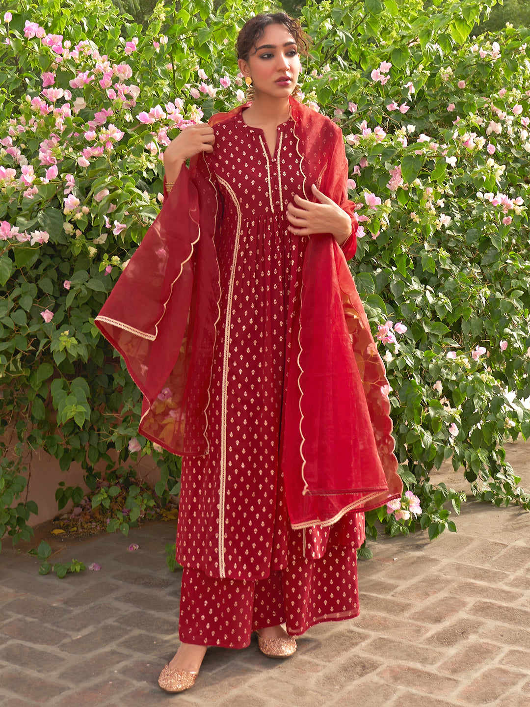 Janasya Women's Maroon Georgette Foil Motif Printed Festive A-line Kurta Set - Distacart