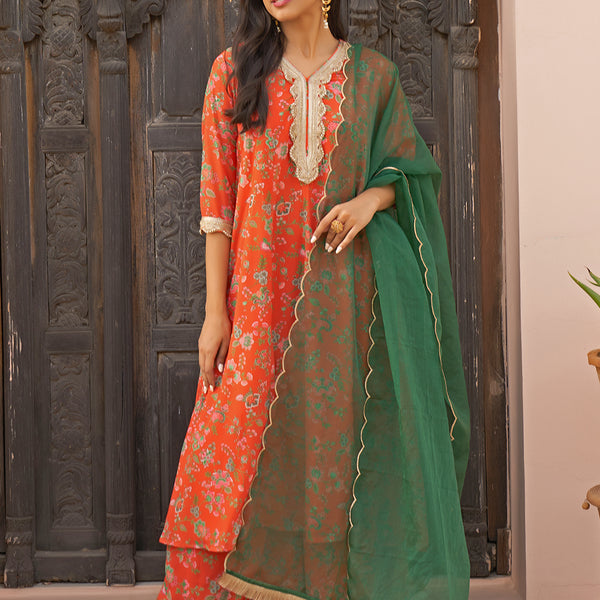 Janasya Women's Orange Georgette Botanical Printed Festive A-line Kurta Set - Distacart