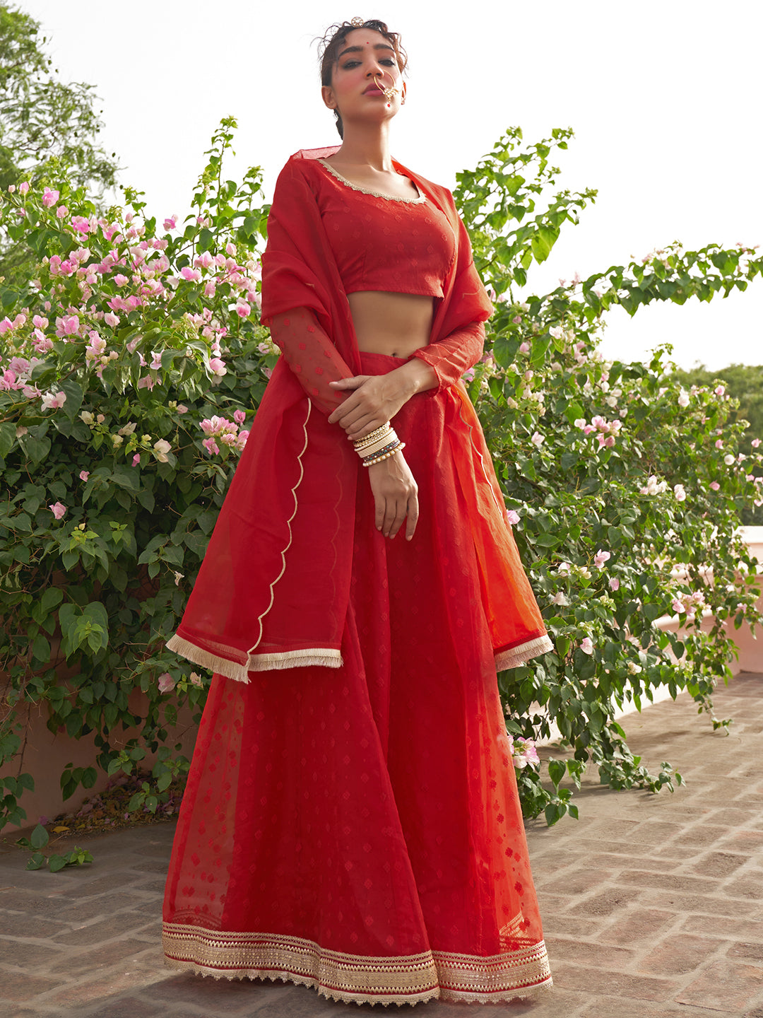 Janasya Red Organza Woven Design Festive Lehenga Choli - Distacart