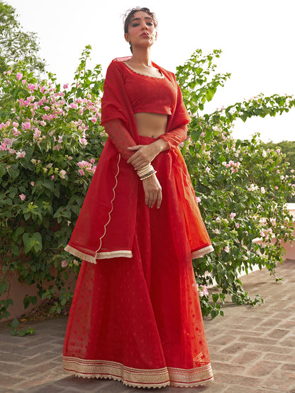 Janasya Red Organza Woven Design Festive Lehenga Choli - Distacart
