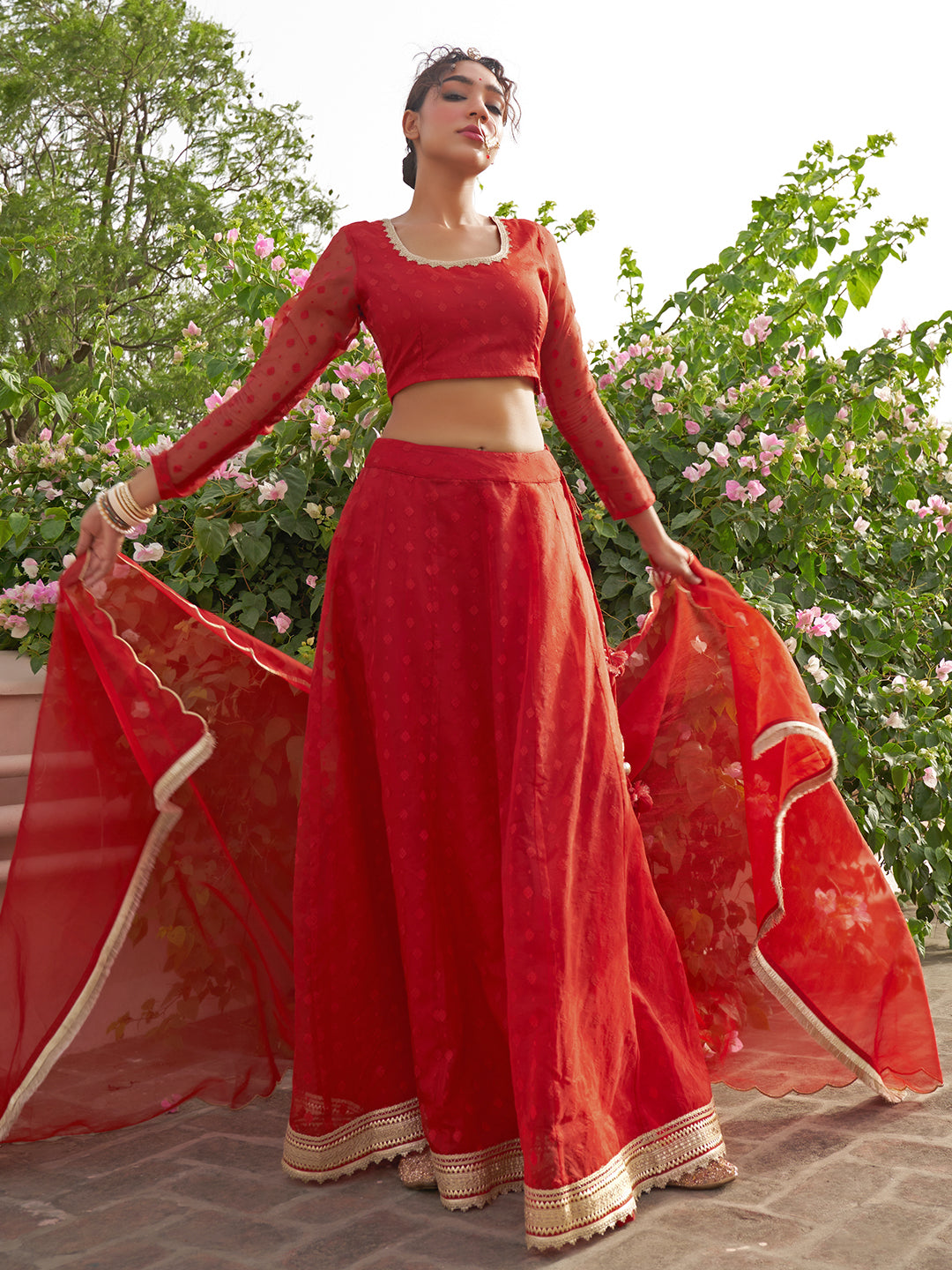 Janasya Red Organza Woven Design Festive Lehenga Choli - Distacart