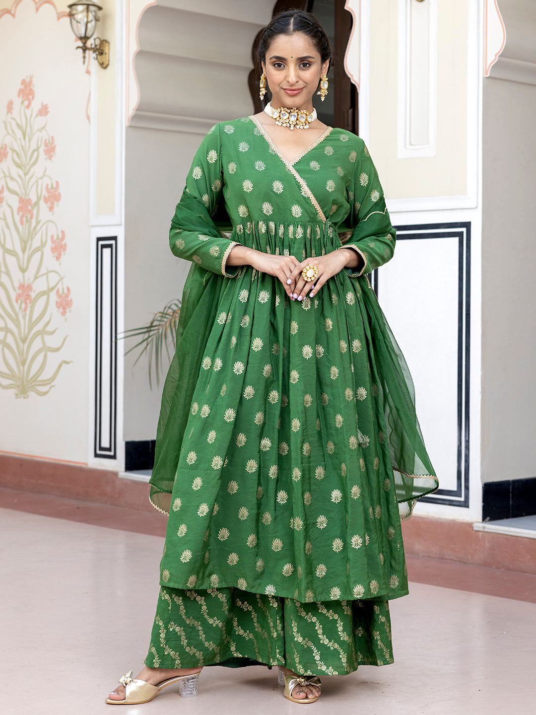 Janasya Women's Green Brocade Woven Design Festive Angrakha Kurta Set - Distacart