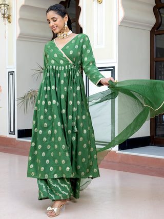 Janasya Women's Green Brocade Woven Design Festive Angrakha Kurta Set - Distacart