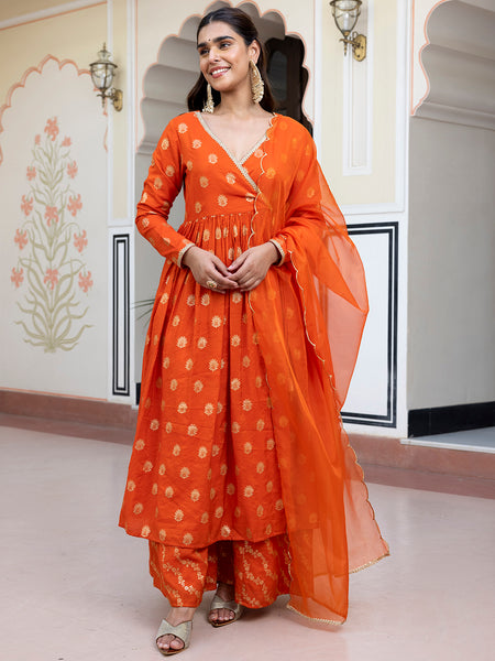 Janasya Women's Orange Brocade Woven Design Festive Angrakha Kurta Set - Distacart