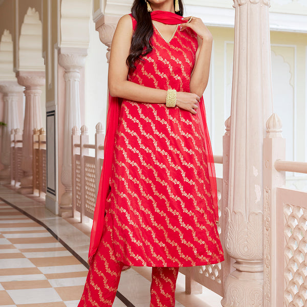 Janasya Women's Red Brocade Woven Design Festive Straight Kurta Set - Distacart
