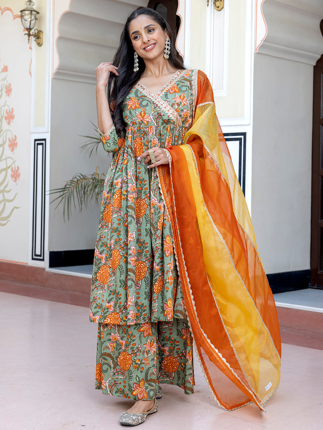 Janasya Women's Green Cotton Embellished Ethnic Printed Festive Flared Kurta Set - Distacart