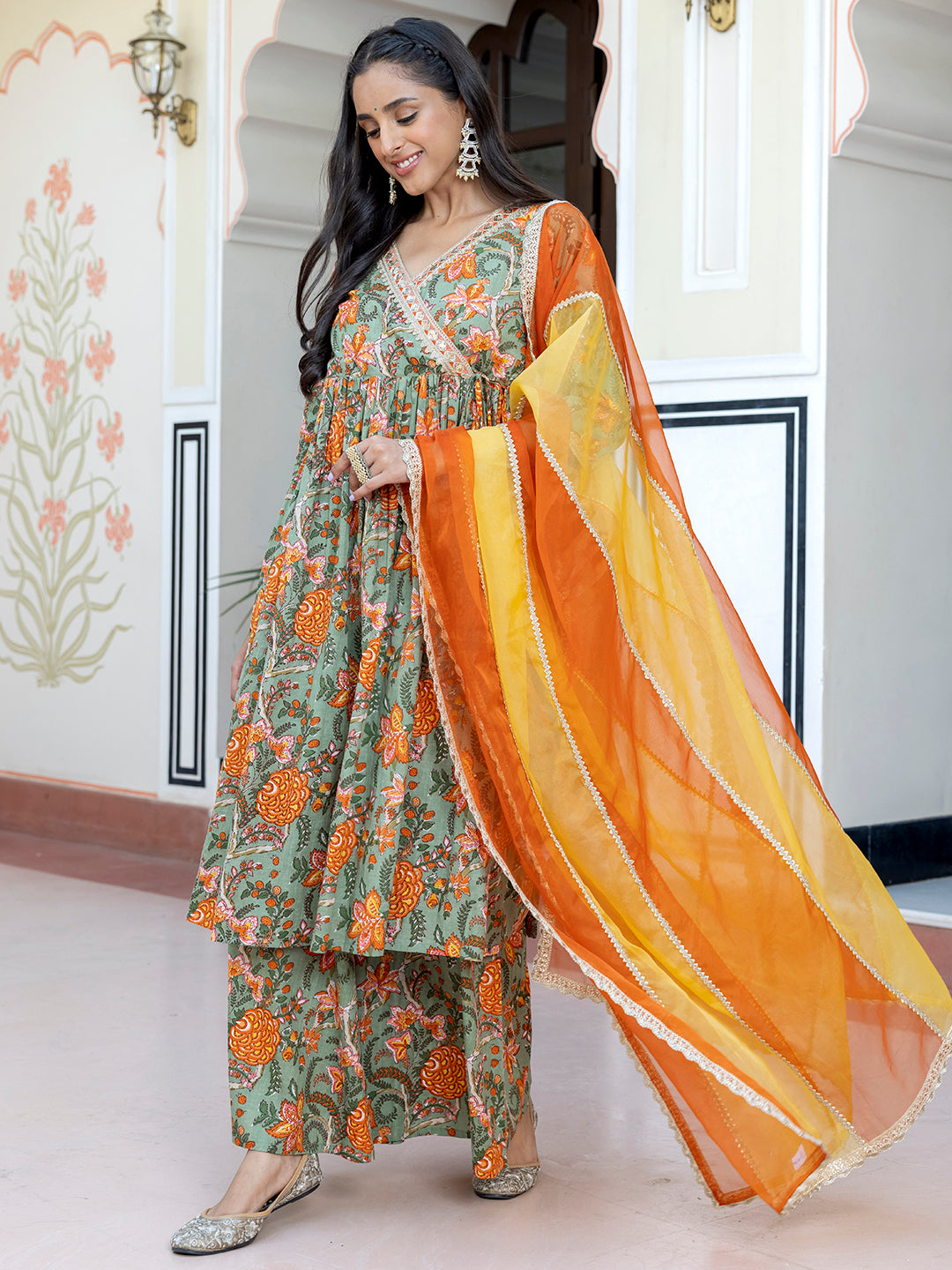 Janasya Women's Green Cotton Embellished Ethnic Printed Festive Flared Kurta Set - Distacart