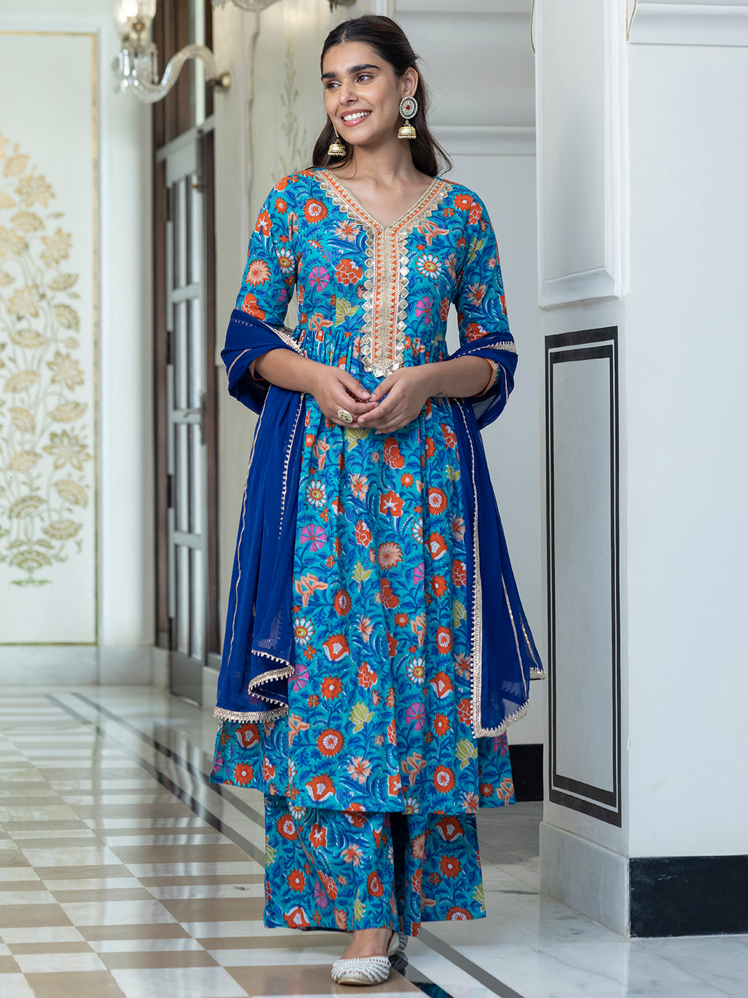 Janasya Women's Sky blue Cotton Embellished Ethnic Printed Festive Flared Kurta Set - Distacart