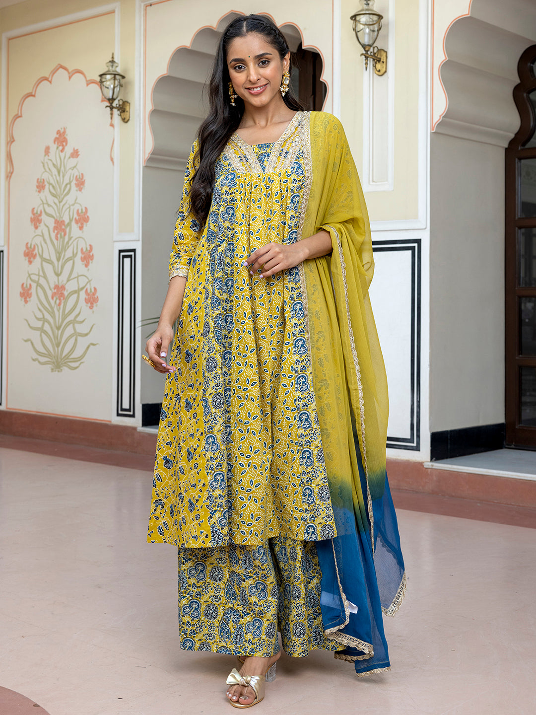 Janasya Women's Lime Green Cotton Embellished Ethnic Printed Festive Flared Kurta Set - Distacart