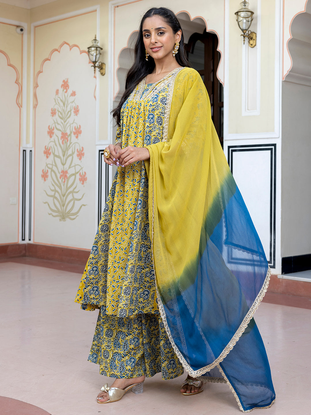 Janasya Women's Lime Green Cotton Embellished Ethnic Printed Festive Flared Kurta Set - Distacart