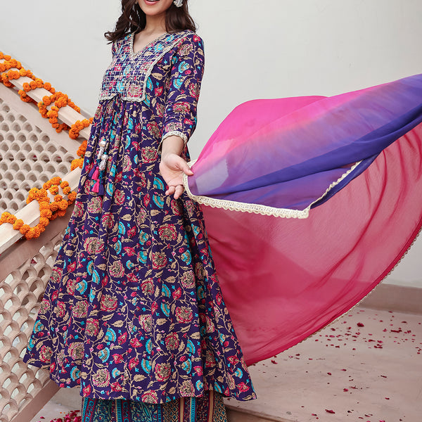 Janasya Women's Purple Cotton Embellished Ethnic Printed Festive A-line Kurta Set - Distacart