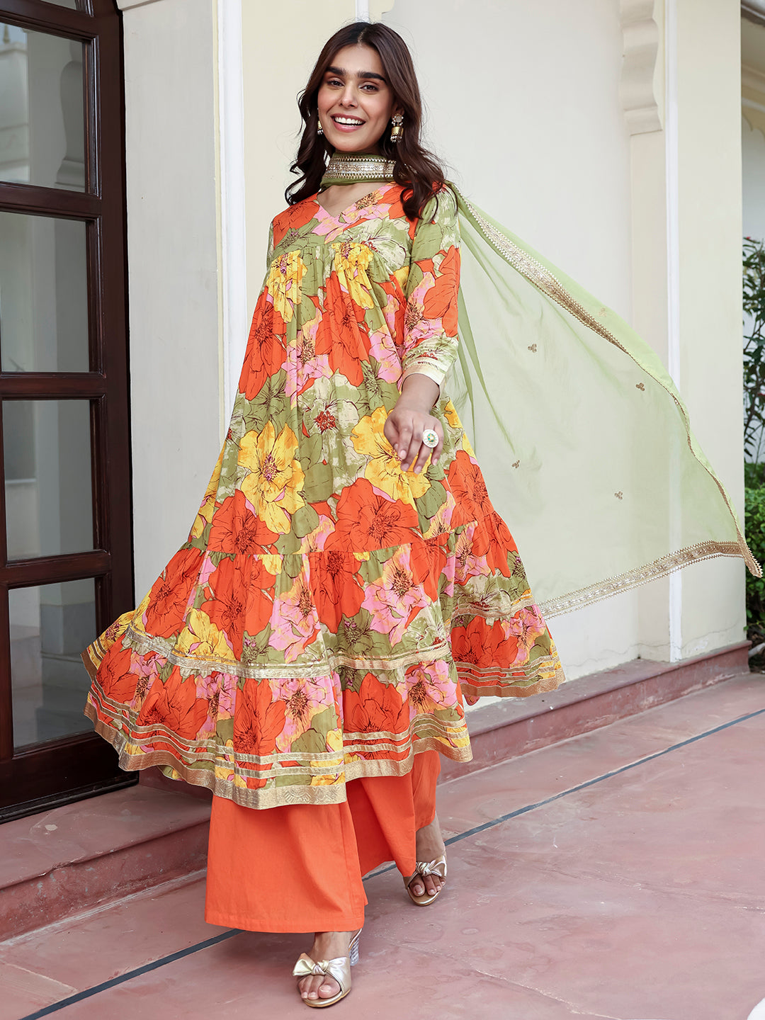 Janasya Women's Multicolor Cotton Floral Printed Festive Flared Kurta Set - Distacart