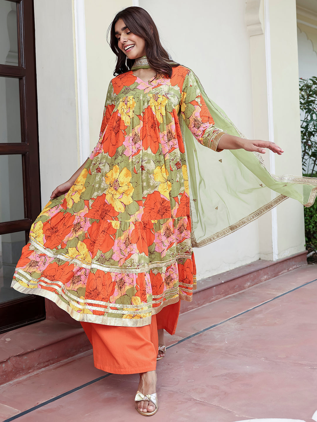 Janasya Women's Multicolor Cotton Floral Printed Festive Flared Kurta Set - Distacart