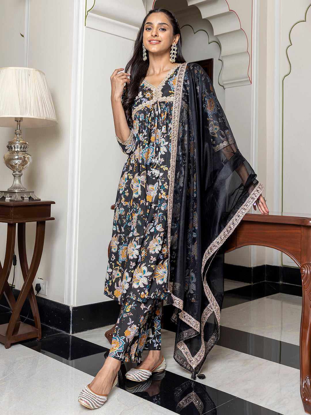Janasya Women's Black Cotton Embellished Festive Empire Kurta Set - Distacart