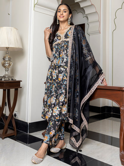 Janasya Women's Black Cotton Embellished Festive Empire Kurta Set - Distacart