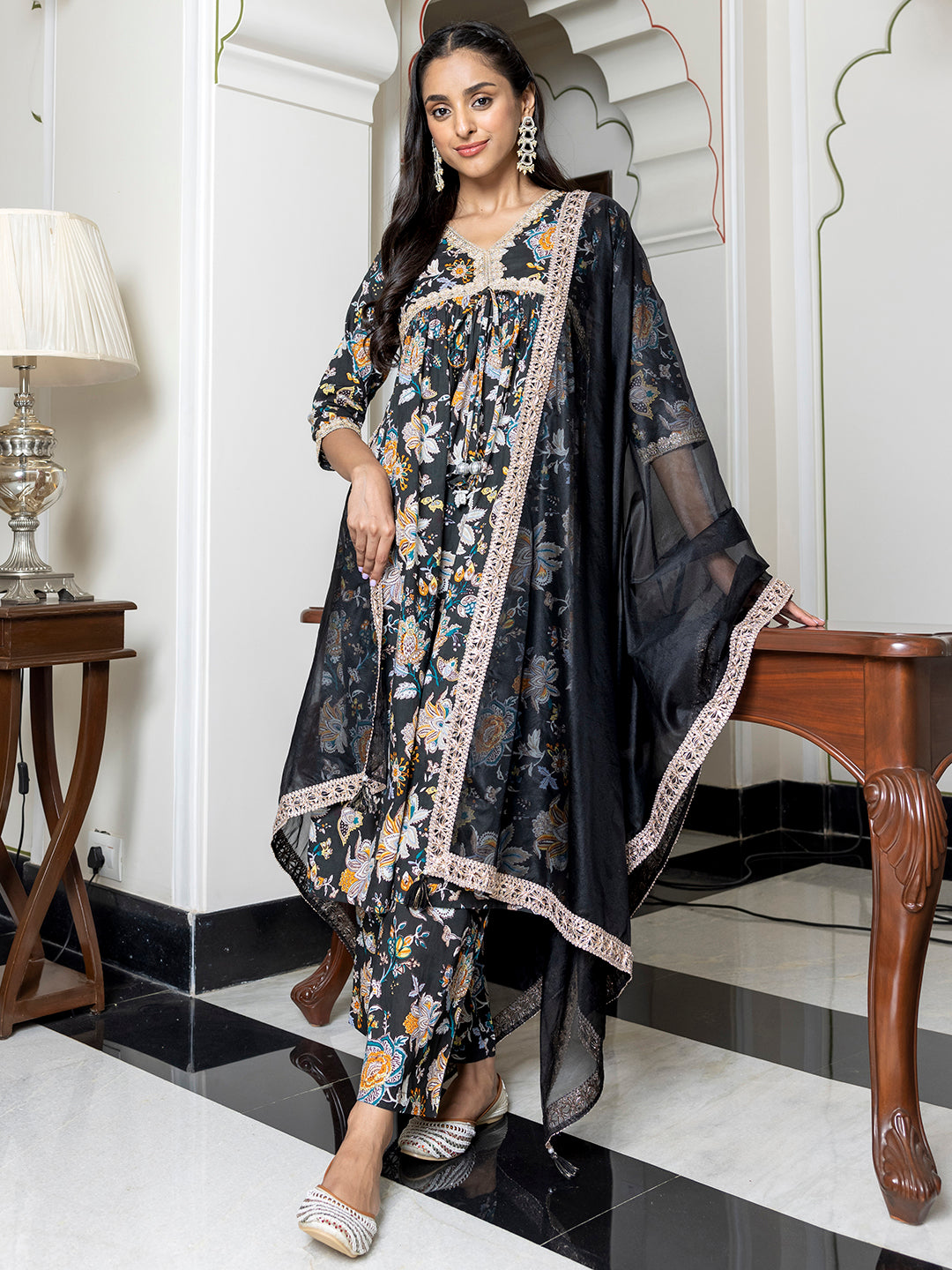 Janasya Women's Black Cotton Embellished Festive Empire Kurta Set - Distacart