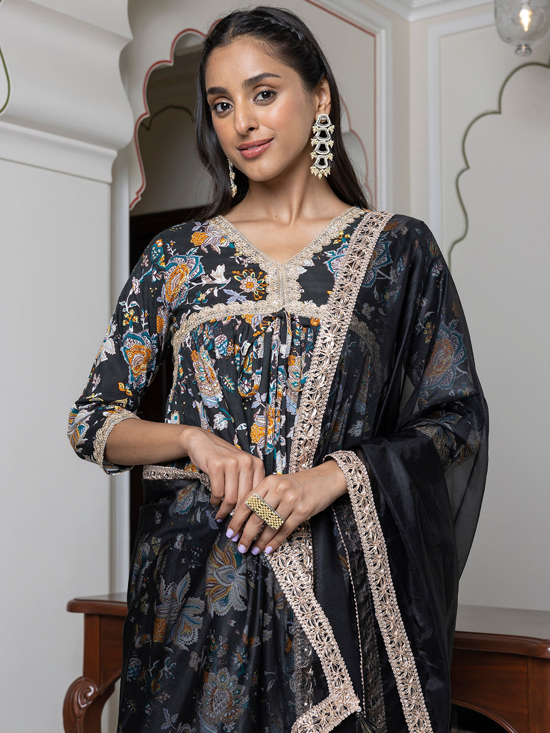 Janasya Women's Black Cotton Embellished Festive Empire Kurta Set - Distacart