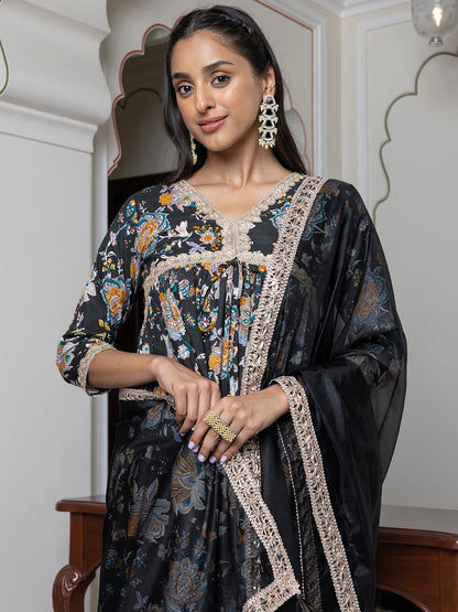 Janasya Women's Black Cotton Embellished Festive Empire Kurta Set - Distacart