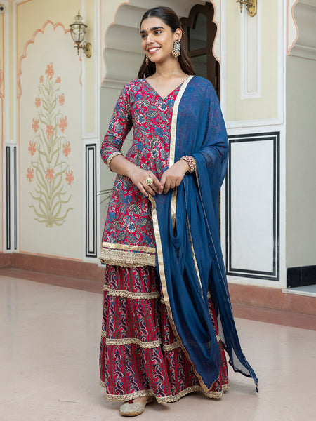 Janasya Women's Wine Cotton Ethnic Printed Festive Short Kurta Set - Distacart