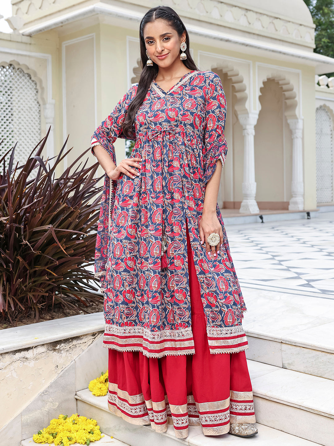 Janasya Women's Blue Cotton Floral Printed Festive Front Slit Kurta Set - Distacart