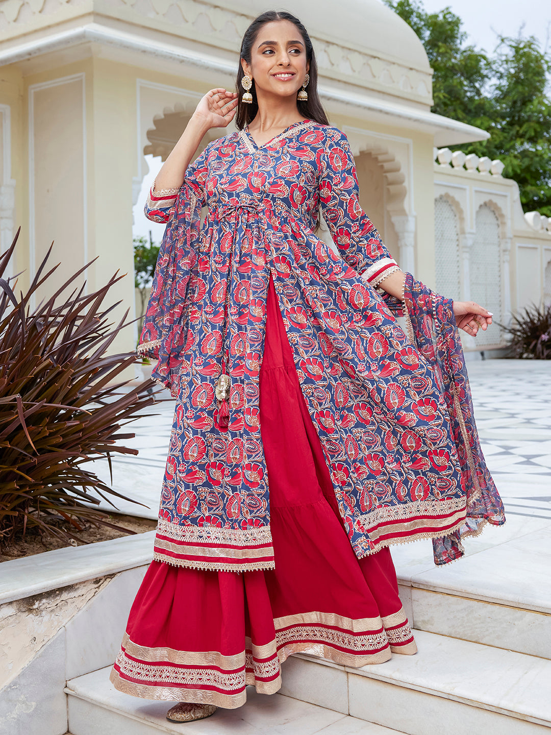 Janasya Women's Blue Cotton Floral Printed Festive Front Slit Kurta Set - Distacart
