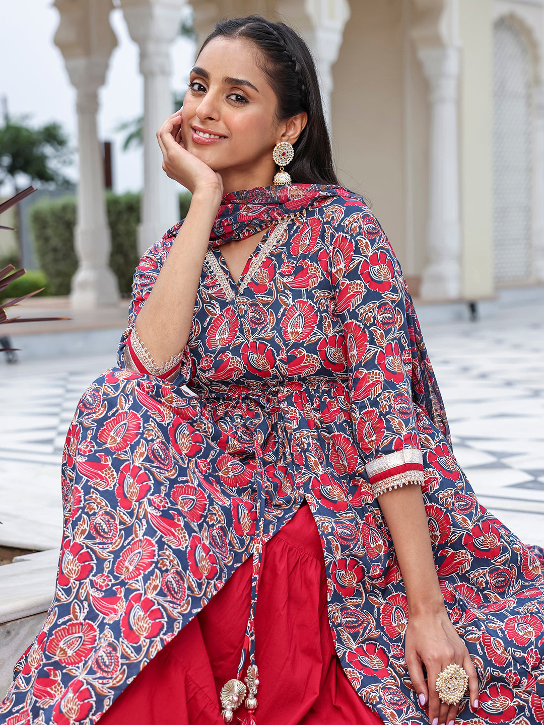 Janasya Women's Blue Cotton Floral Printed Festive Front Slit Kurta Set - Distacart