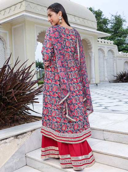 Janasya Women's Blue Cotton Floral Printed Festive Front Slit Kurta Set - Distacart