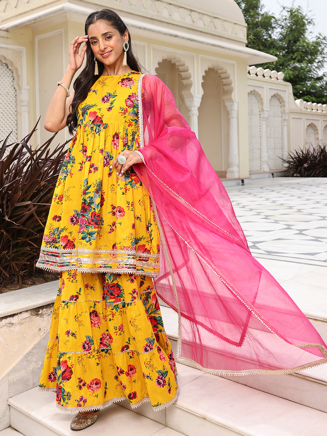 Janasya Women's Yellow Cotton Embellished Festive Flared Short Kurta Set - Distacart