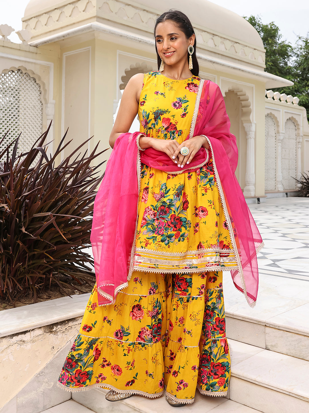 Janasya Women's Yellow Cotton Embellished Festive Flared Short Kurta Set - Distacart