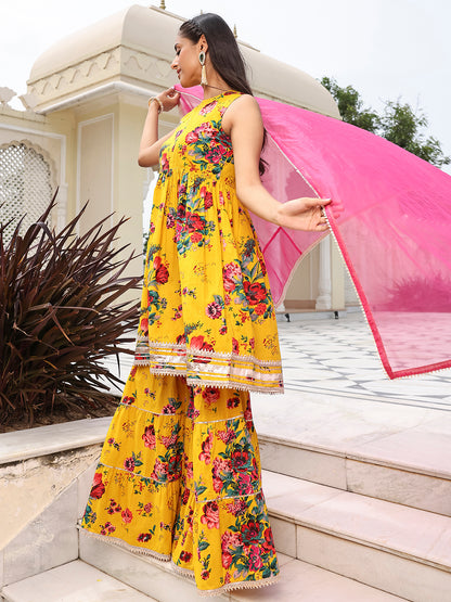 Janasya Women's Yellow Cotton Embellished Festive Flared Short Kurta Set - Distacart