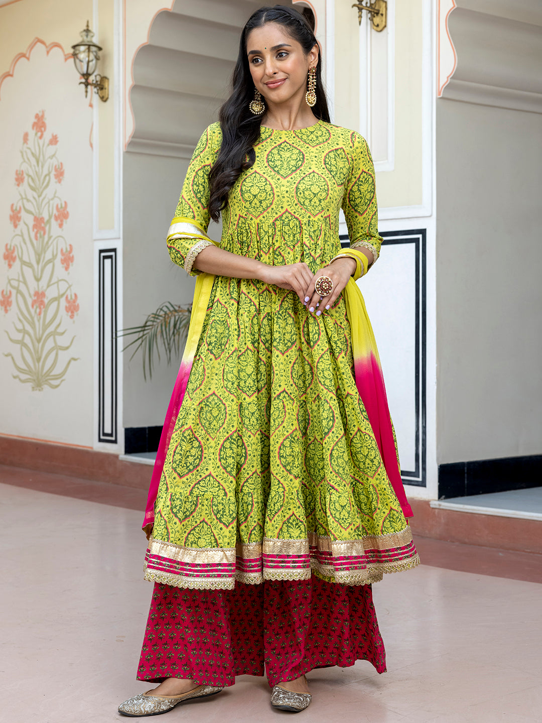 Janasya Women's Lime Green Cotton Embellished Floral Printed Festive Anarkali Kurta Set - Distacart