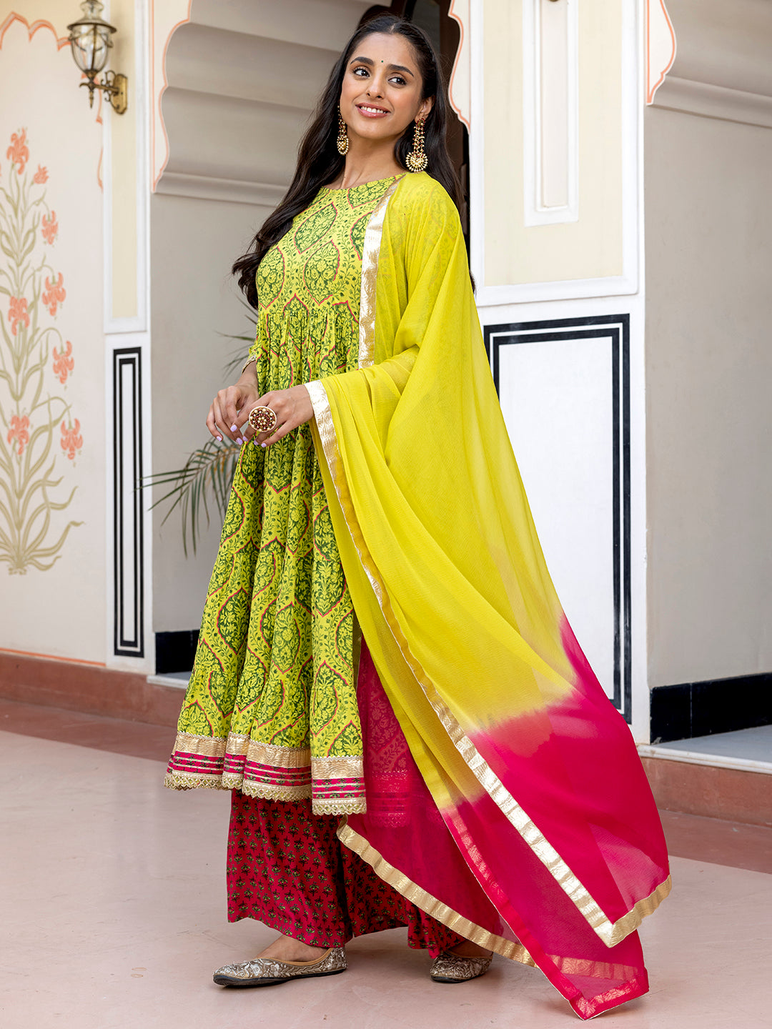 Janasya Women's Lime Green Cotton Embellished Floral Printed Festive Anarkali Kurta Set - Distacart