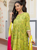 Thumbnail for Janasya Women's Lime Green Cotton Embellished Floral Printed Festive Anarkali Kurta Set - Distacart