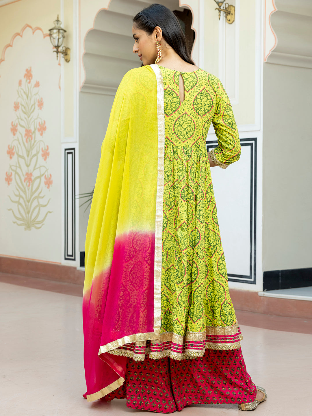 Janasya Women's Lime Green Cotton Embellished Floral Printed Festive Anarkali Kurta Set - Distacart