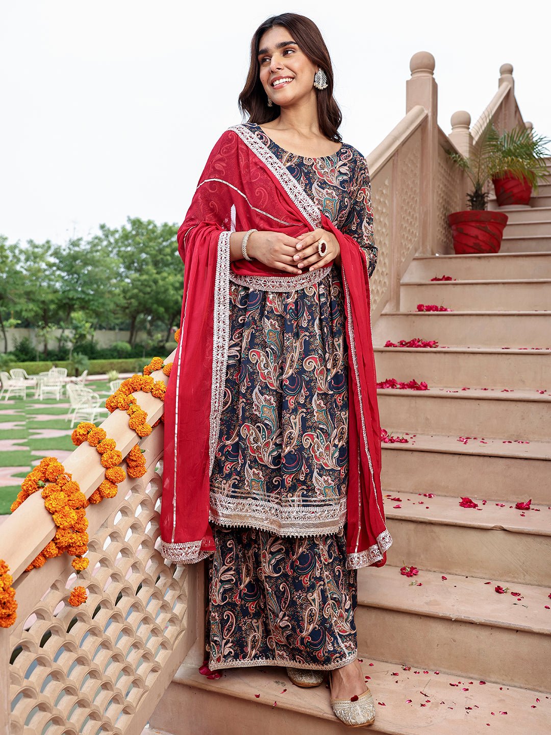 Janasya Women's Navy Blue Cotton Ethnic Printed Festive Flared Kurta Set - Distacart