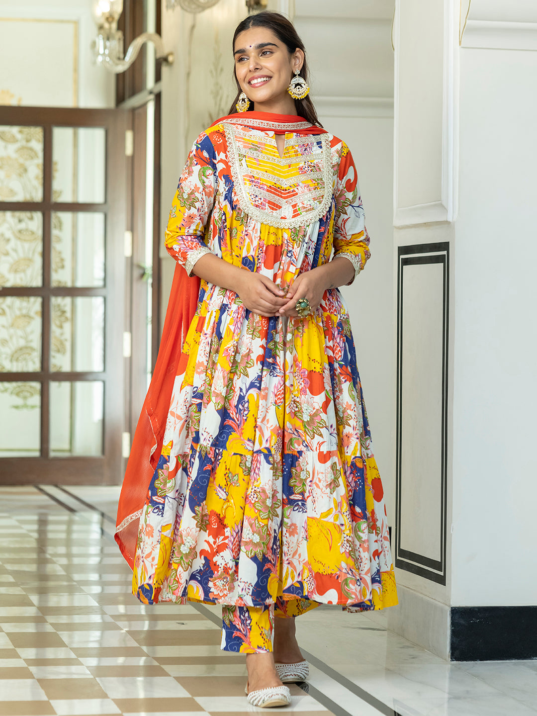 Janasya Women's Multicolor Cotton Embellished Floral Printed Festive Anarkali Kurta Set - Distacart