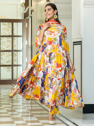 Janasya Women's Multicolor Cotton Embellished Floral Printed Festive Anarkali Kurta Set - Distacart