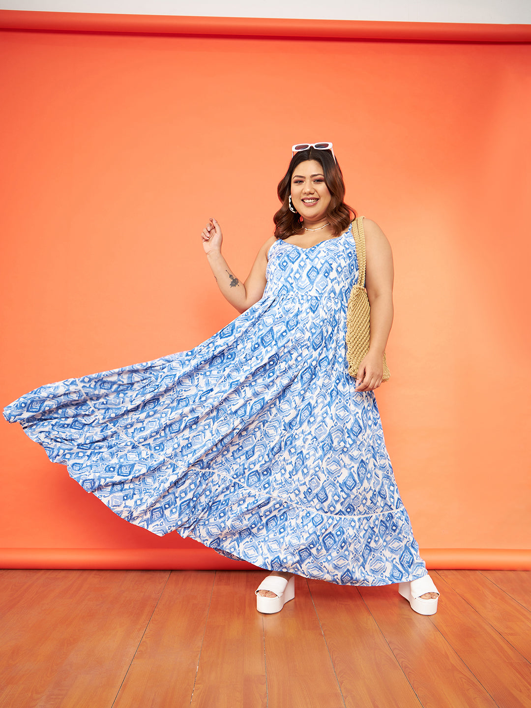 Lyush Women Blue White Ikat Strappy Tiered Maxi Dress